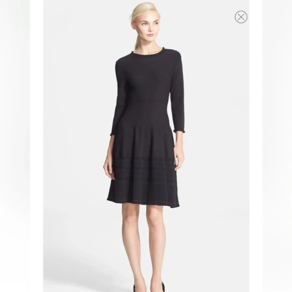 Kate Spade Sweater Dress Knit Pointelle Ruffle Neck Sleeves Fit & Flare Classic